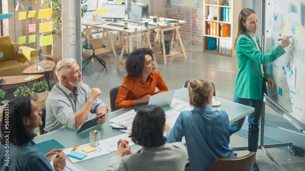 Female CEO Holding a Conference in a Meeting Room, Explaining EDI Concepts to Employees Using a Whit