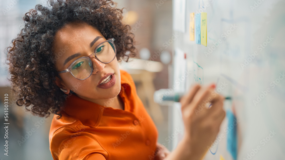 Modern Creative Agency Meeting: Confident Black Female Engineer Uses Whiteboard, Makes Report to a G