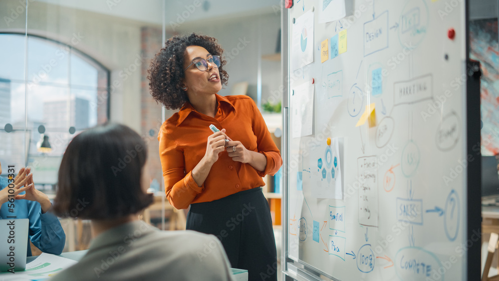 Portrait of a Beautiful Successful Businesswoman Making a Team Presentation in a Meeting Room in Cre