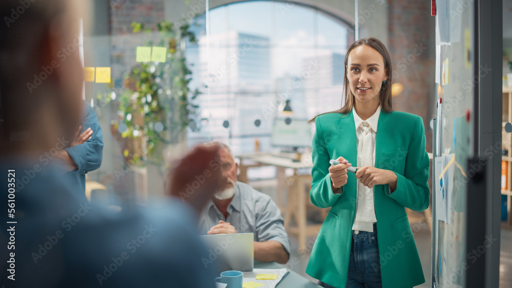 Focused Group of Multiethnic People in a Meeting in Office. Young White Female CEO using Whiteboard 