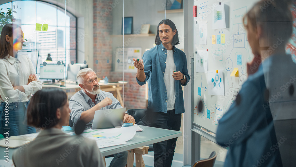 Multiethnic Businesspeople Having a Meeting in a Conference Room at an Office. Latin Man Doing a Pre