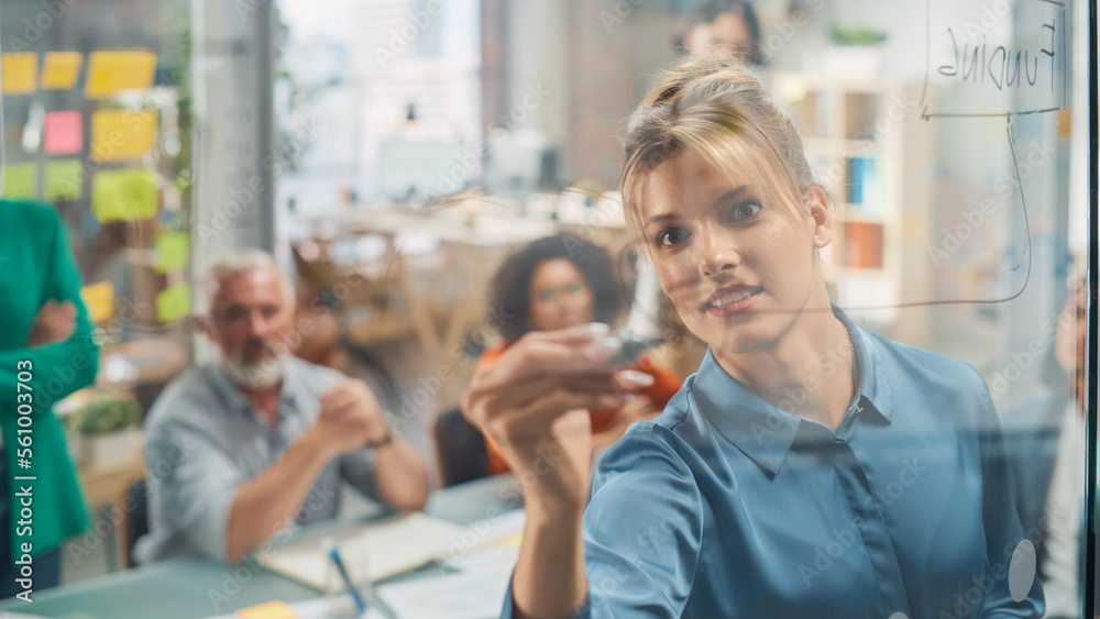 White Young Woman Explaining Sales Growth Plan to a Diverse Team of Multiethnic People Using a Glass