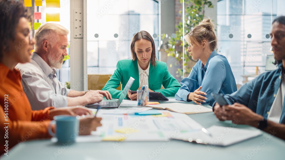 Office Meeting in Conference Room: Diverse Team of Professional Businesspeople Talking about Firm St