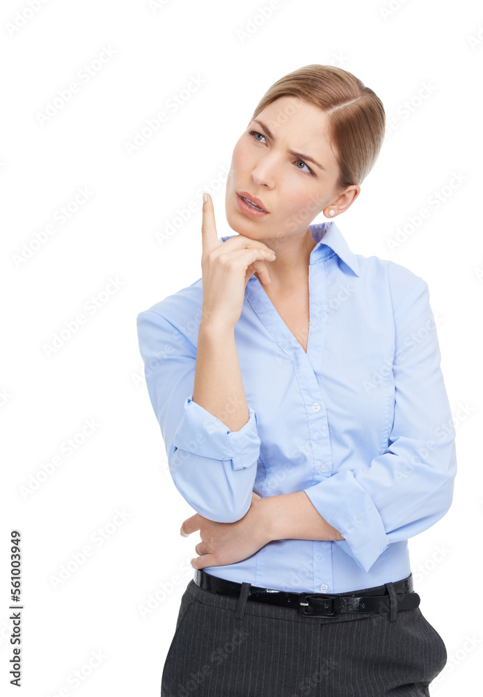 Business woman, thinking and confused about question while isolated on a white background. Face of a