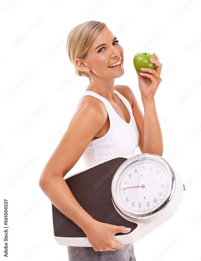 Woman, apple and carrying scale for diet, weight loss or healthy nutrition against a white backgroun