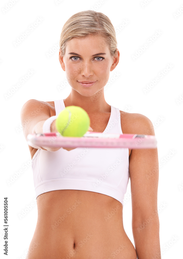 Tennis studio portrait, woman and racket with smile for health, sports and vision by white backgroun