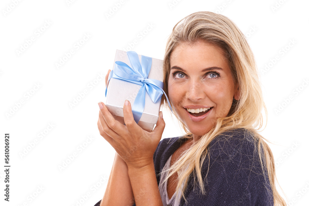 Gift box, wonder and studio face of woman with surprise birthday present, luxury sales product or Ch