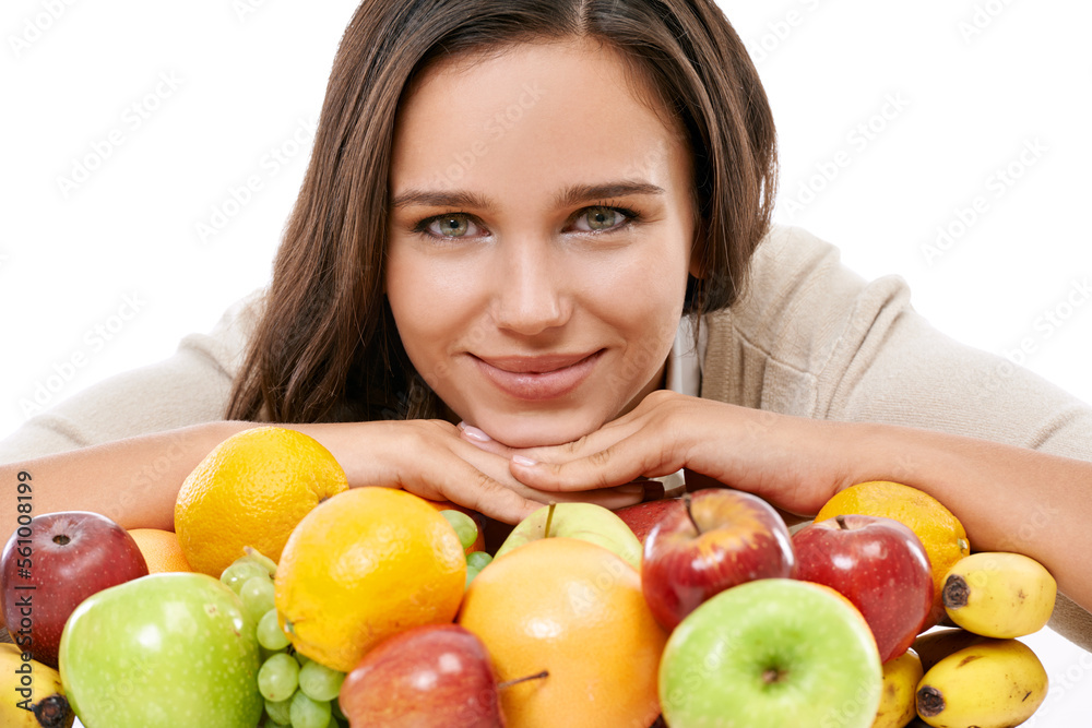 Woman, fruit and happy portrait for nutrition, breakfast health and diet wellness motivation in whit