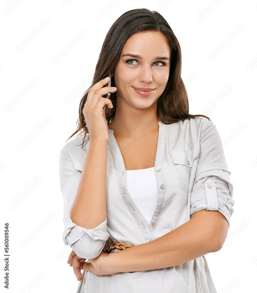 Woman, smile and phone call communication online, talking and conversation on mobile phone isolated 