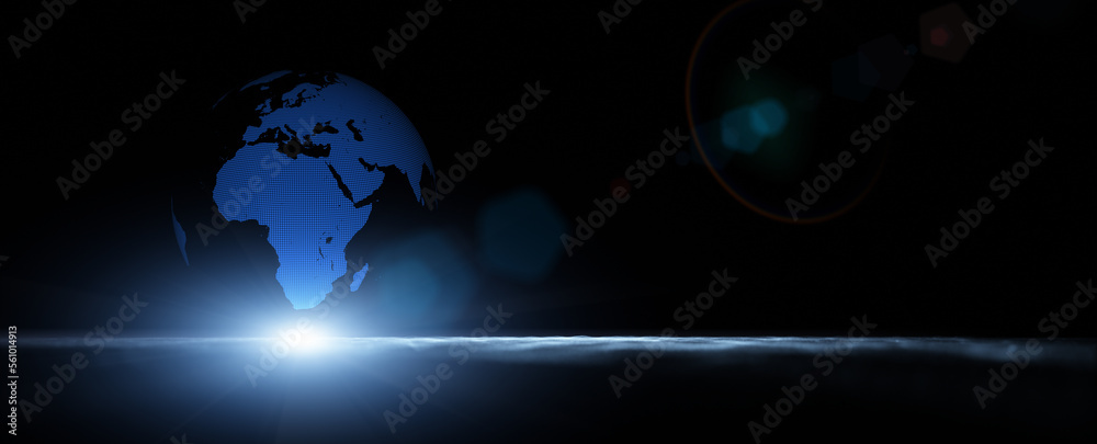 Conceptual 3d digital earth globe with artistic waves and sun lens flare illustration. Copy space.