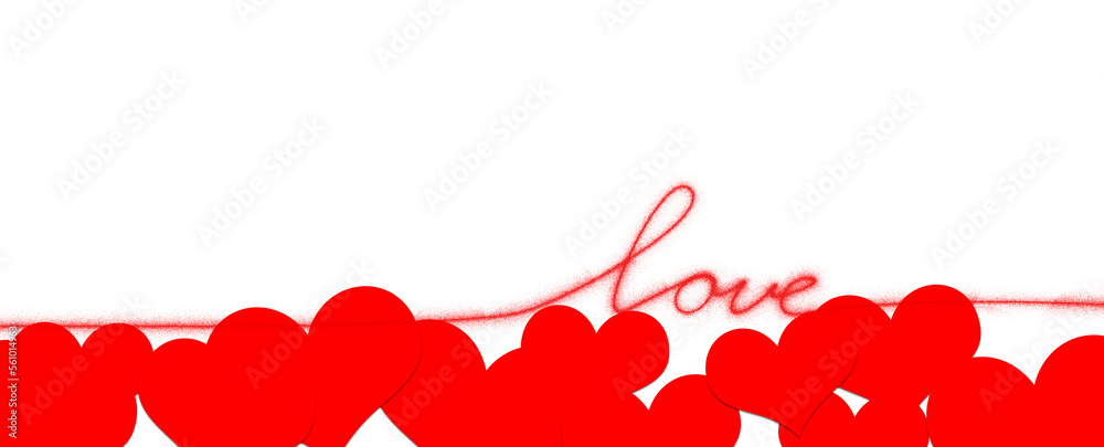 Word love handwritten in one stroke with hearts on clean white background. Illustration.