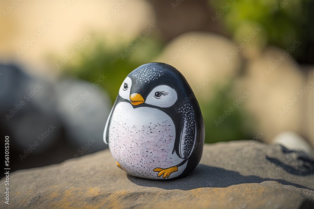 illustration of cute penguin painting on rock and put on rock 