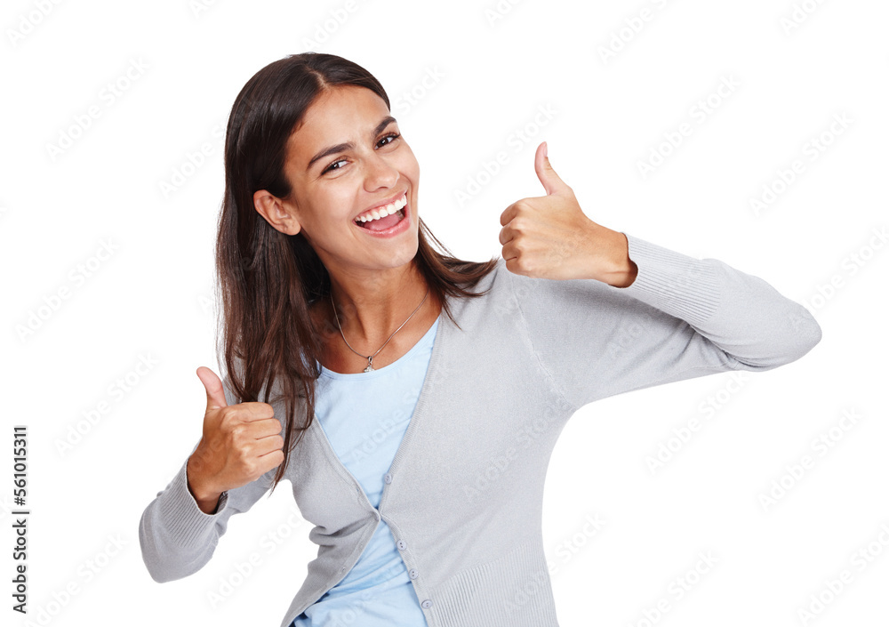 Happy, thumbs up and portrait of a woman with emoji for winning, success and thank you for support o