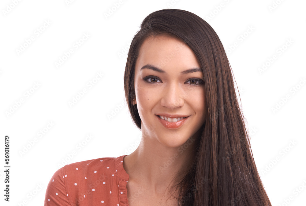 Portrait, beauty and mockup with a model woman in studio isolated on a white background for makeup o