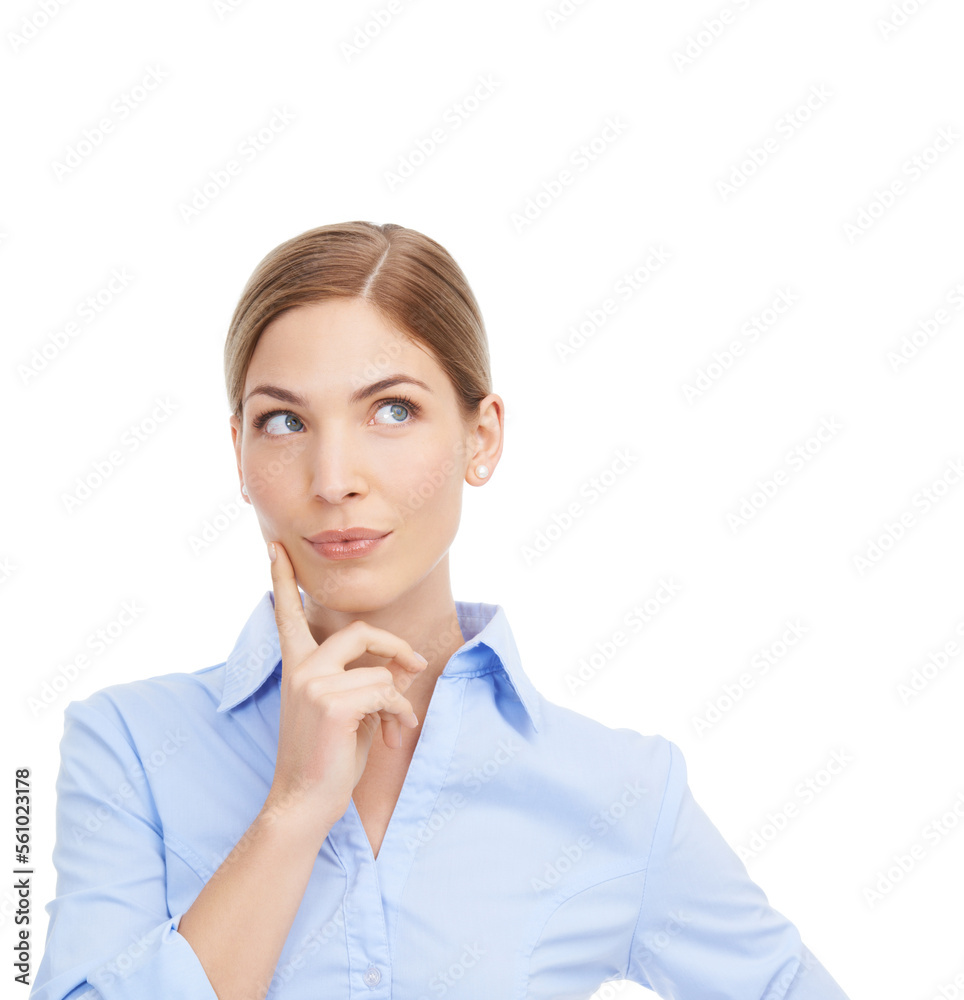 Business woman, thinking and idea on a white background with space for marketing and advertising. Fa