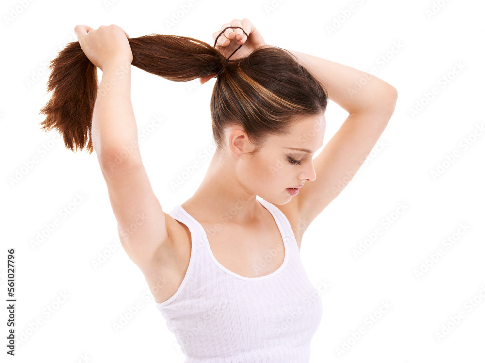 Hair, beauty and mockup with a woman in studio isolated on a white background for natural or keratin