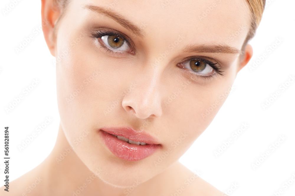 Face, beauty and woman in portrait with skincare closeup, healthy skin with glow against white backg