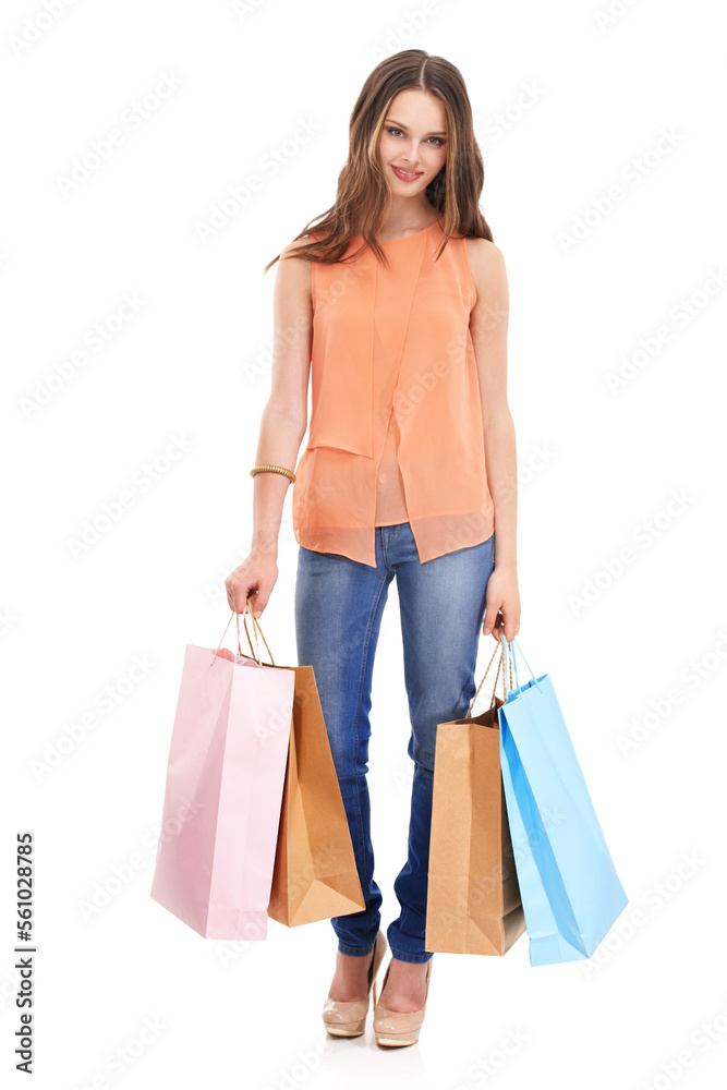 Woman, retail portrait and shopping packaging in studio for fashion market, designer girl vision and