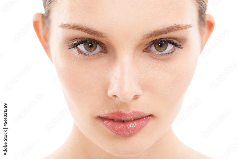 Face, beauty and woman in portrait with skin, skincare closeup with glow against white background. E