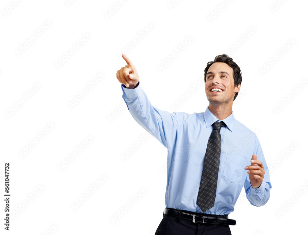 Excited businessman, hands or pointing on studio background on advertising space or marketing mock u