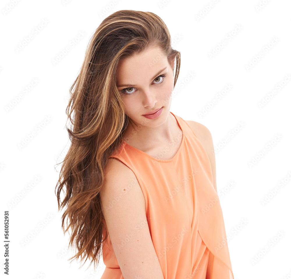 Hair, salon and portrait of woman in studio for wellness, keratin treatment and hair products. Fashi