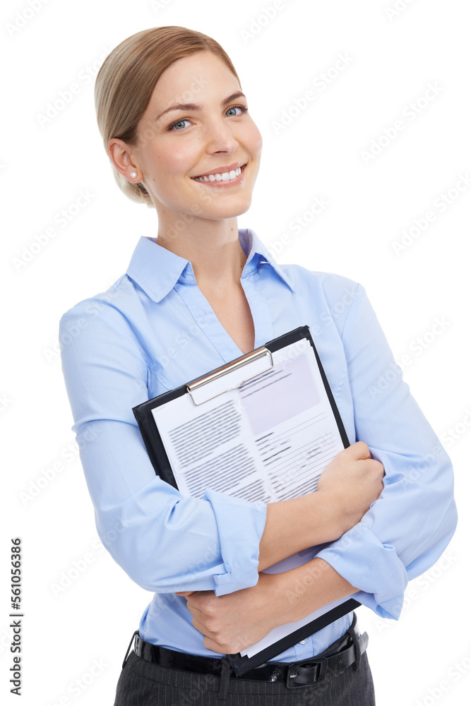 Hr management, portrait or paper clipboard on isolated white background in cv review, recruitment or