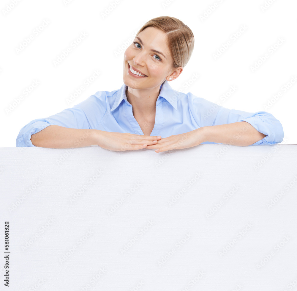 News, announcement and portrait of businesswoman with poster, mockup and product placement isolated 