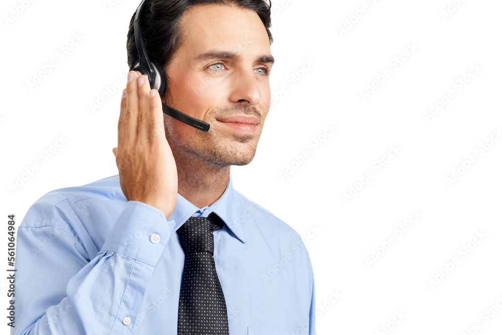 Customer support communication, call center and face of consultant talking on contact us CRM, telema