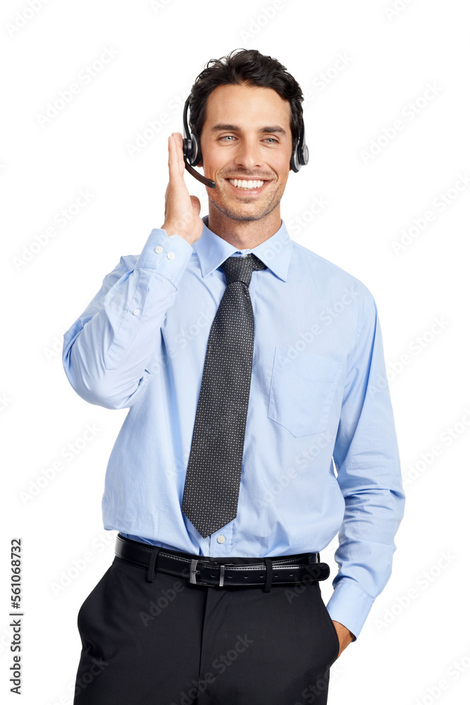 Customer support communication, call center and consultant talking on telecom microphone, contact us