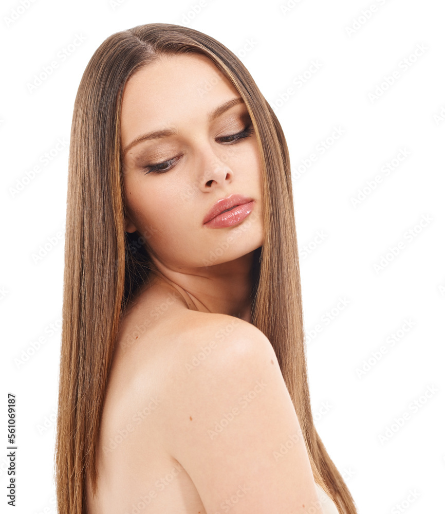 Beauty, hair and portrait of woman with long hair and elegant make up isolated on white background. 