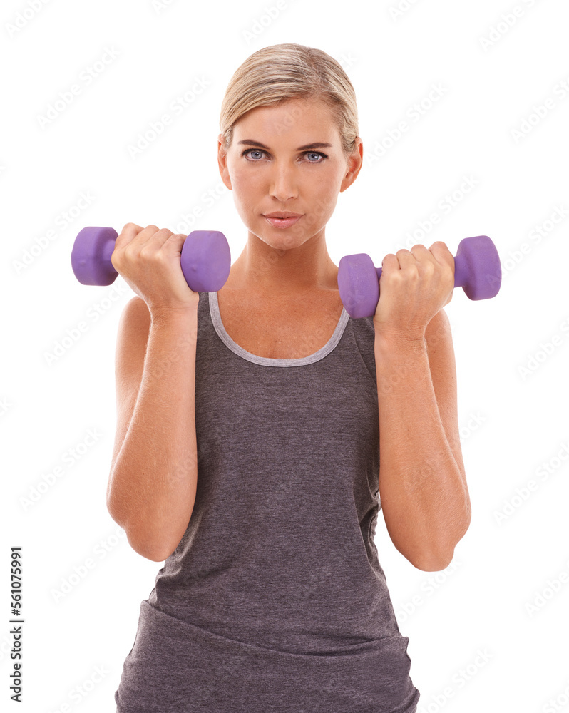 Woman, studio portrait and dumbbells for fitness, muscle development and health by white background.