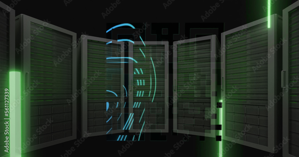 Image of qr code over neon shapes and server room on black background