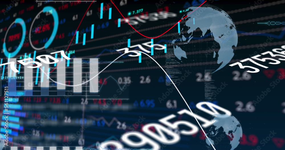 Image of multiple changing numbers over stock market data processing against black background