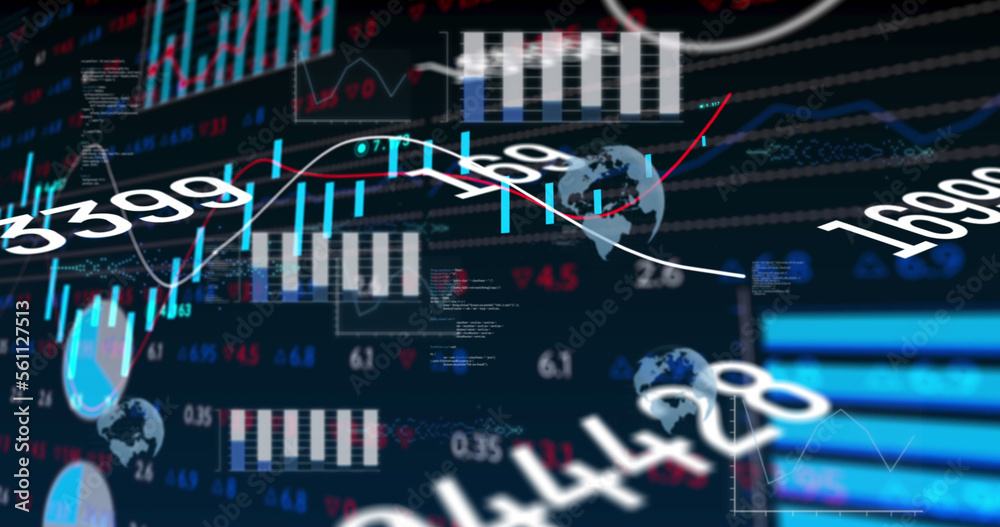 Image of multiple changing numbers over stock market data processing against black background