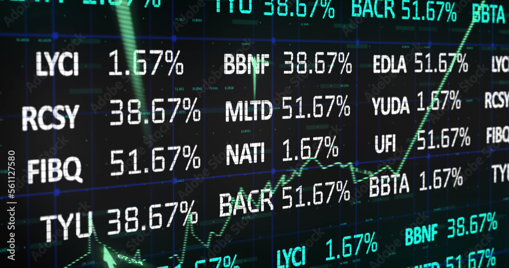 Image of stock market with graph and arrows on black background