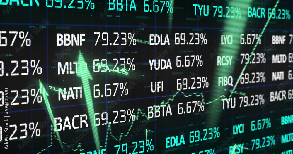 Image of stock market with graph and arrows on black background