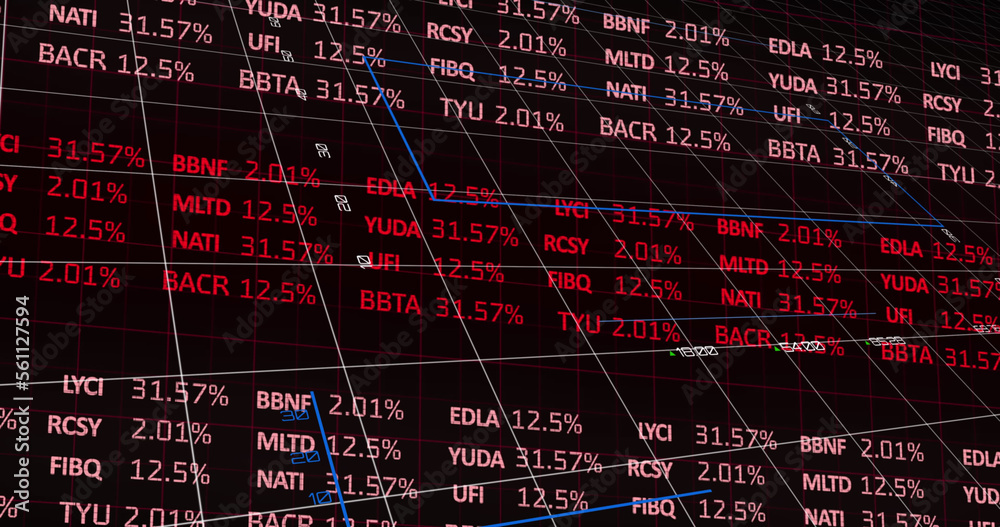 Image of statistics and data processing over stock market on black background