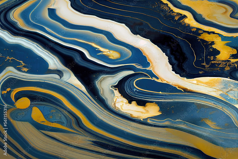 Abstract art background with a fluid marble blue and gold texture. Splendid luxury abstract artwork 