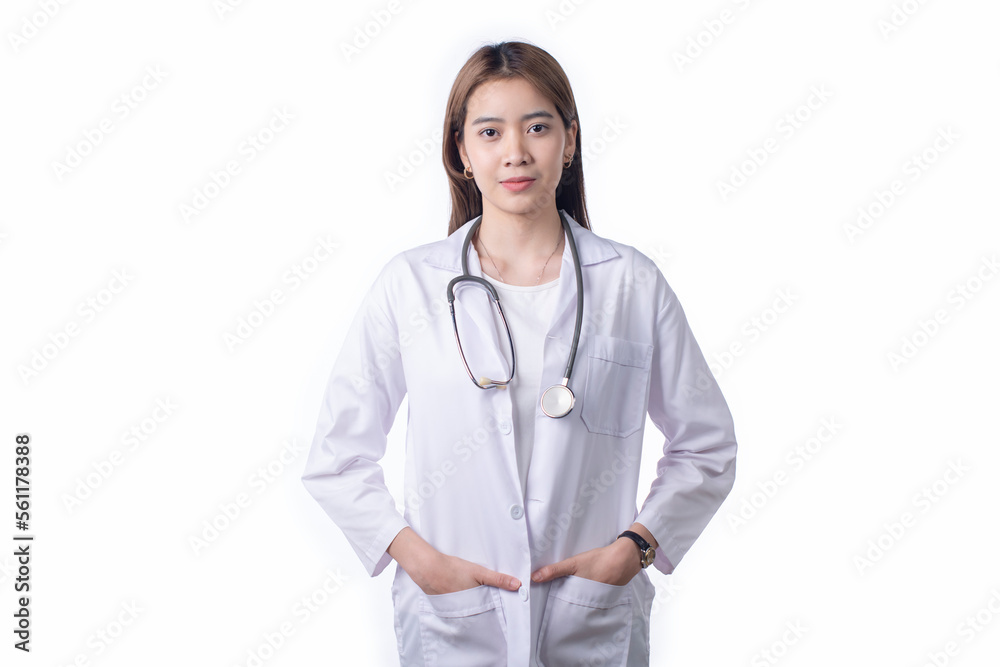 Portrait of Asian woman doctor wearing uniform stand isolated on white background. Female medical nu