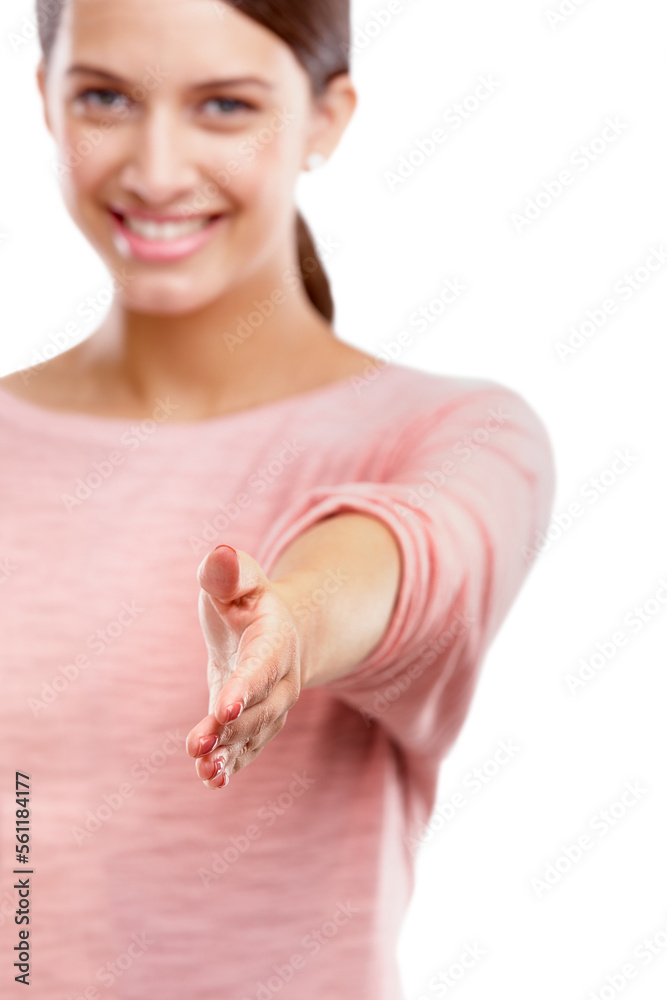 Woman, hand and portrait of a person with a white background ready for agreement or deal. Smile, mod