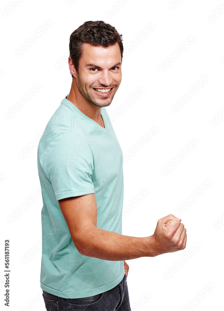 Portrait, man and fist for success, winning and young guy isolated on white studio background. Male,