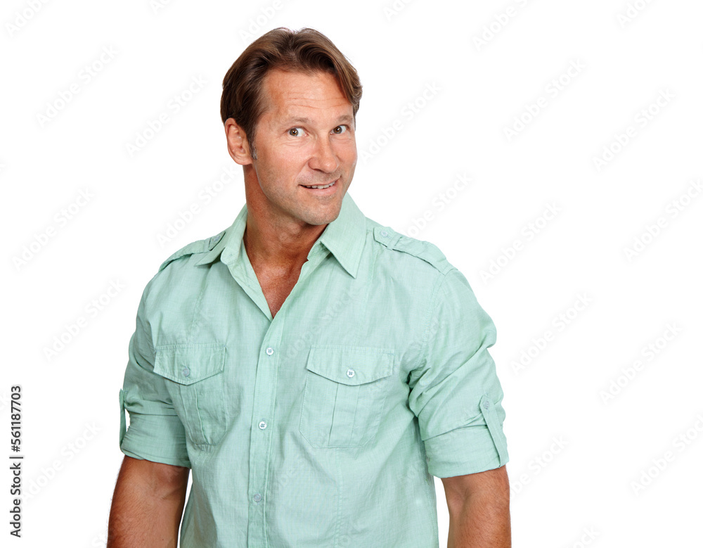 Handsome man, portrait smile and standing with casual clothing against a white studio background. Is