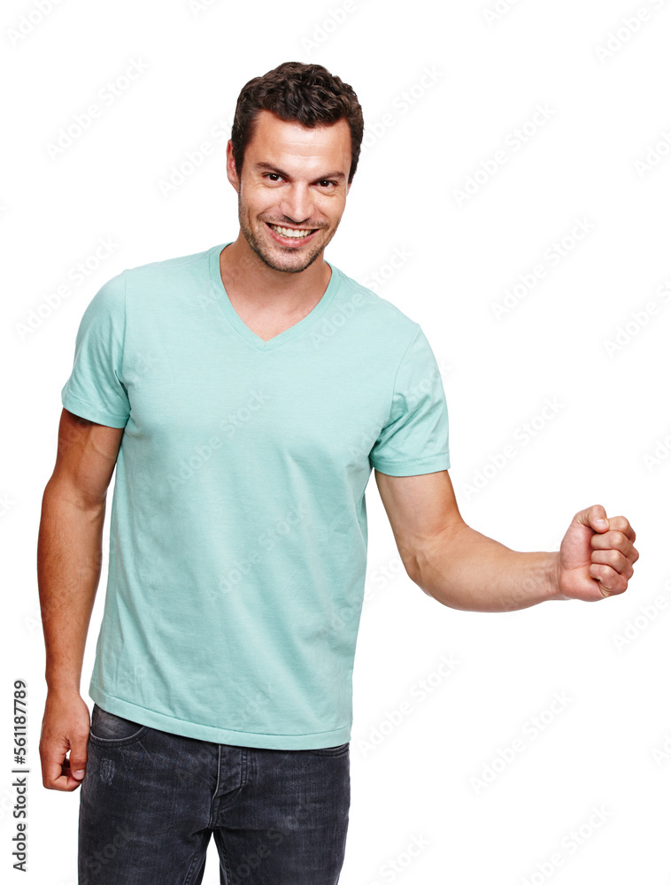 Portrait, man and fist for achievement, excited and young male isolated on white studio background. 