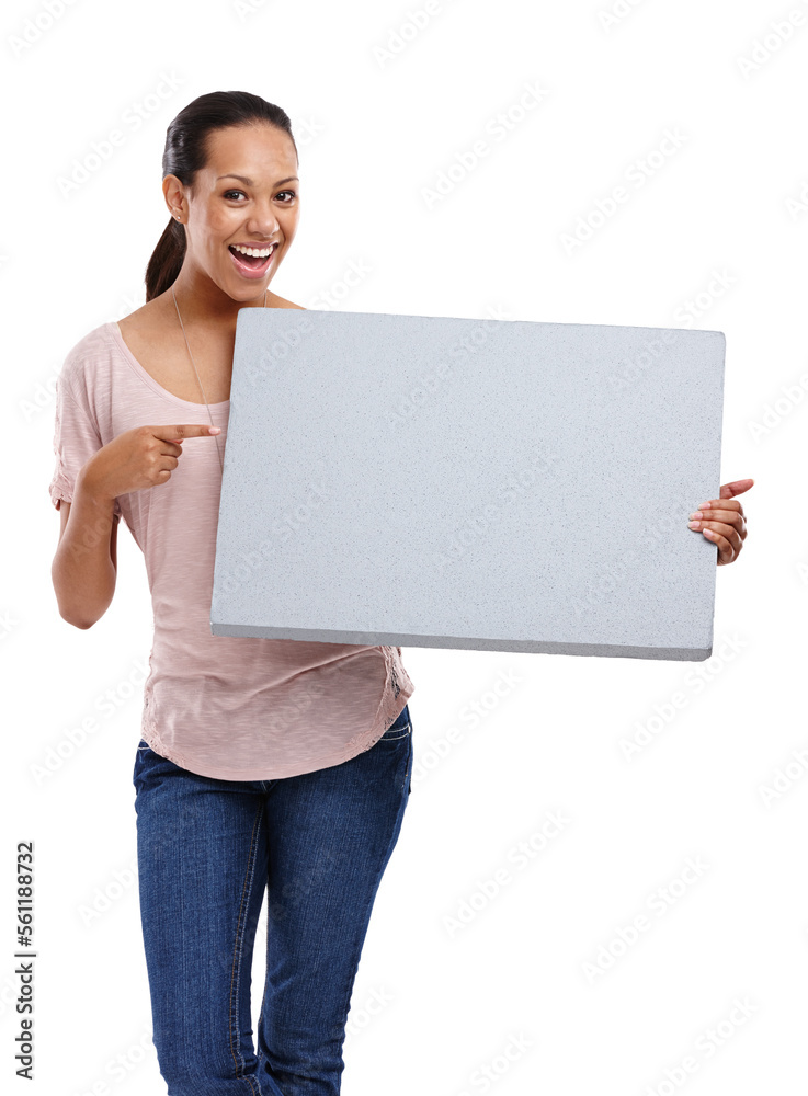 Woman, studio and pointing with marketing billboard, smile and mock up by white background. Isolated