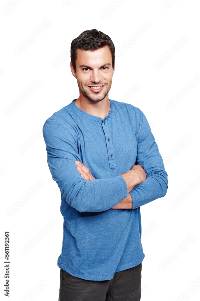 Man, smile and studio portrait with arms crossed, fashion and happiness by white background. Young i