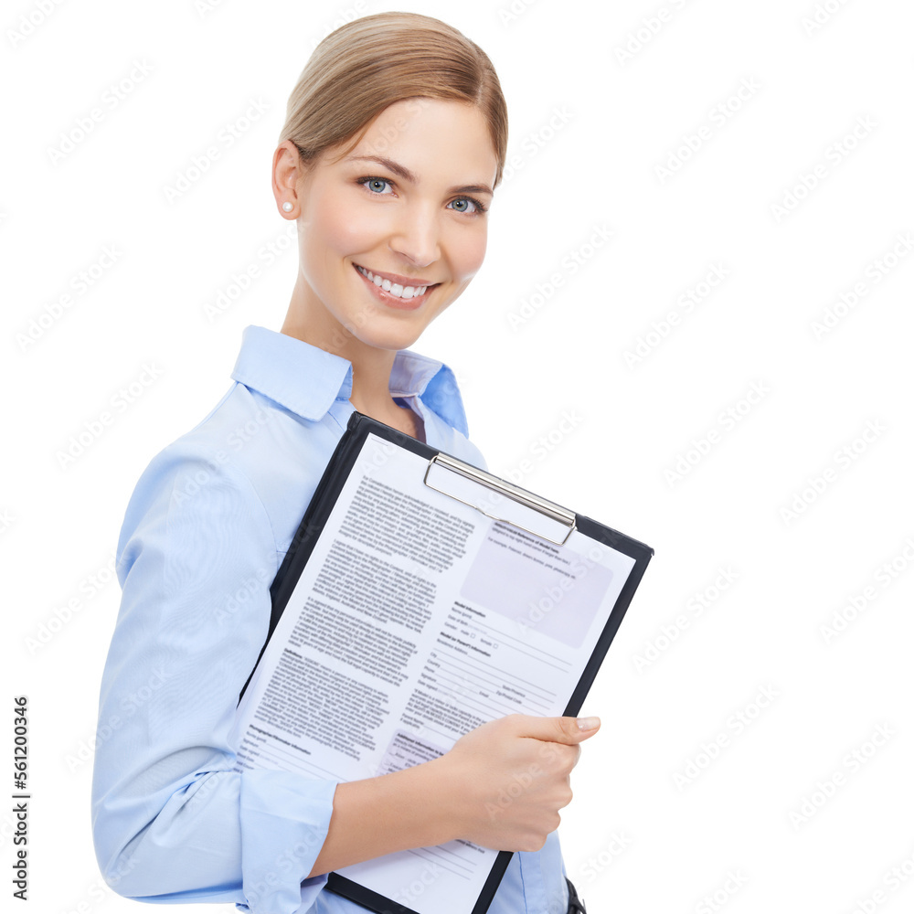 Business woman, portrait and clipboard on isolated white background for cv review, recruitment or mo