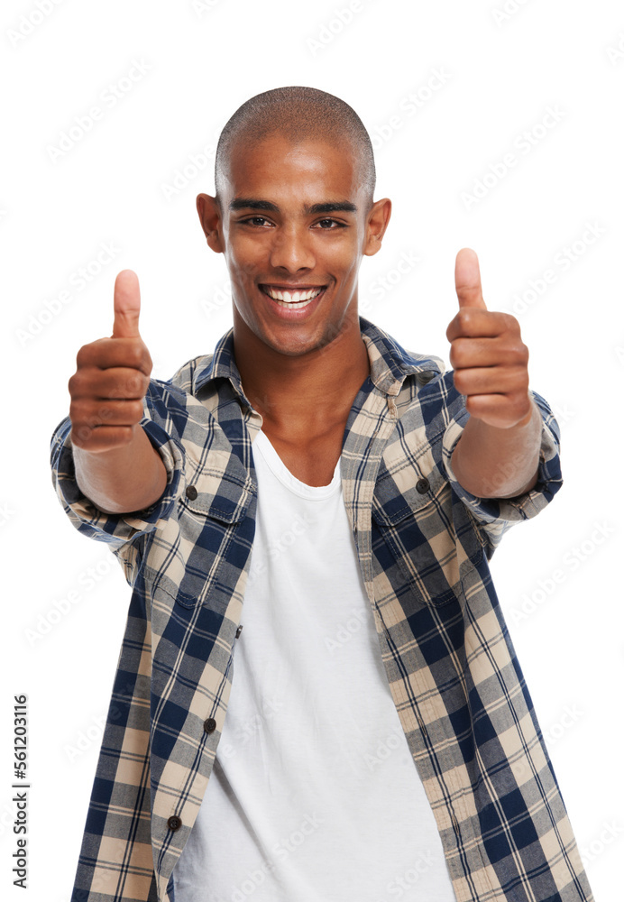 Portrait, thumbs up and motivation with a black man in studio on a white background saying yes or th