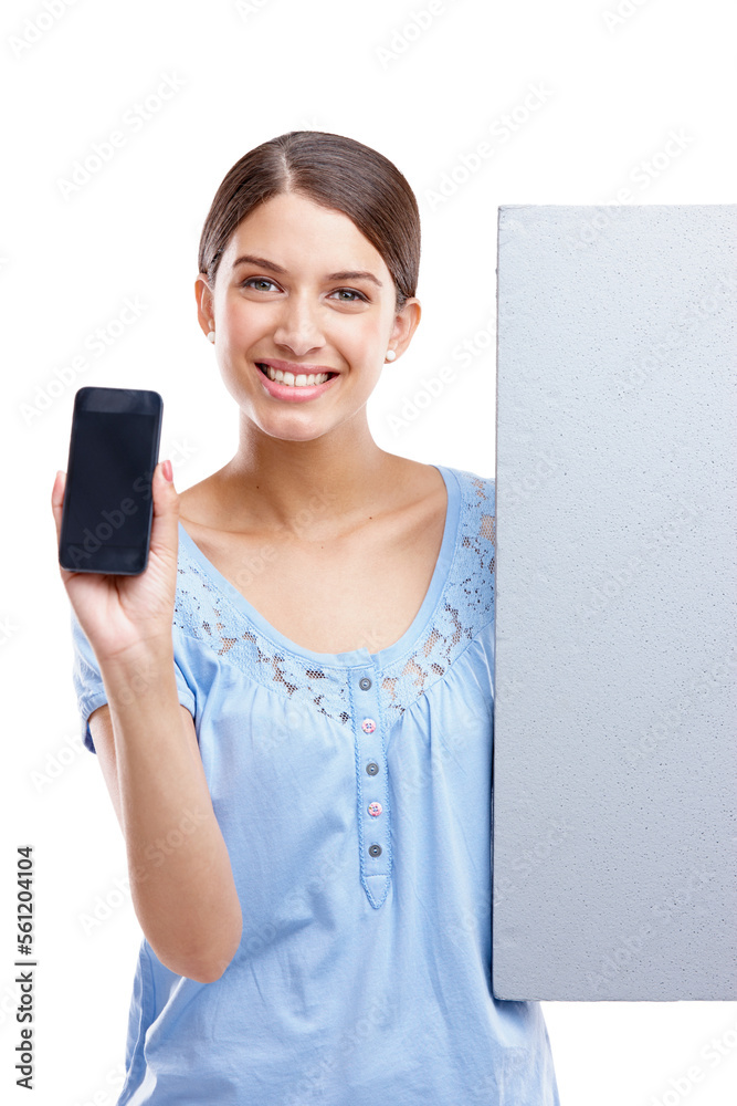 Portrait, phone and poster with a model woman in studio isolated on a white background for brand adv