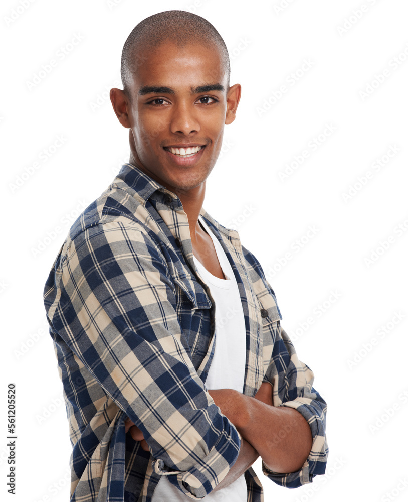 Black man, confidence and portrait on studio background with arms crossed, smile and pride in Atlant