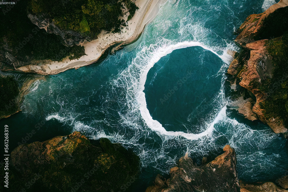 壮观的无人机照片，海浪冲击岩石悬崖的海景俯视图，日落在地平线上